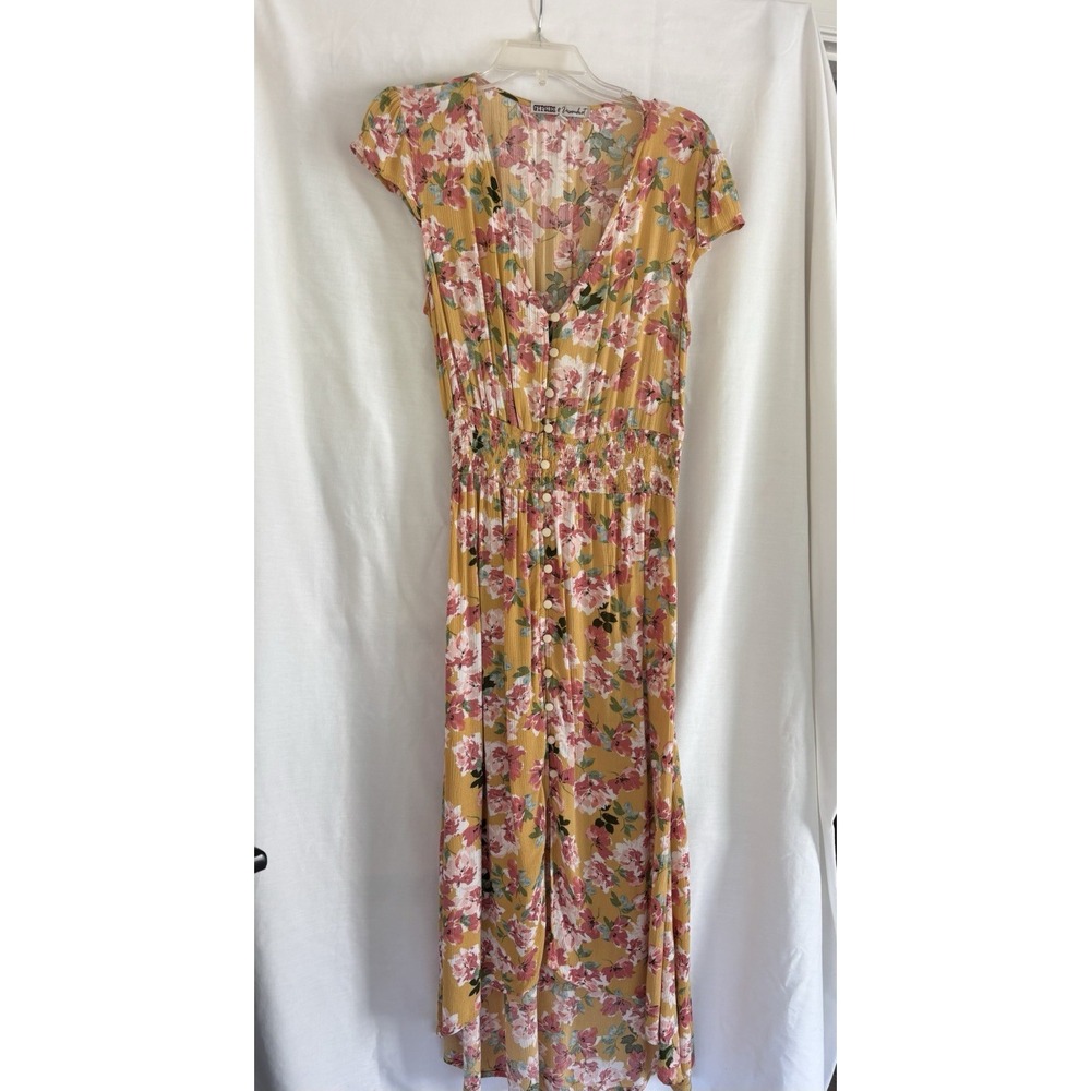 Gypsies & Moonlight Womens S Yellow Pink Floral Smocked Button Maxi Dress